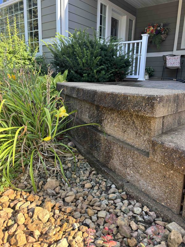 Retaining wall and steps before power washing, covered in grime